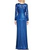 Color:Pacific Blue - Image 2 - Illusion Lace Boat Neck Long Sleeve Criss Cross Waist Metallic Jersey Gown