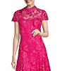 Color:Dahlia - Image 3 - Illusion Mock Neck Floral Lace Short Sleeve Handkerchief Hem Midi Dress