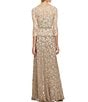 Color:Latte/Pumice - Image 2 - Illusion Boat Neck 3/4 Sleeve Two Tone Floral Lace Scallop Hem Belted Gown