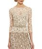 Color:Latte/Pumice - Image 3 - Illusion Boat Neck 3/4 Sleeve Two Tone Floral Lace Scallop Hem Belted Gown