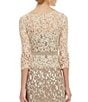 Color:Latte/Pumice - Image 4 - Illusion Boat Neck 3/4 Sleeve Two Tone Floral Lace Scallop Hem Belted Gown