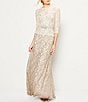 Color:Latte/Pumice - Image 5 - Illusion Boat Neck 3/4 Sleeve Two Tone Floral Lace Scallop Hem Belted Gown