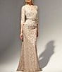 Color:Latte/Pumice - Image 6 - Illusion Boat Neck 3/4 Sleeve Two Tone Floral Lace Scallop Hem Belted Gown