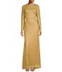 Color:Gold - Image 1 - Lace Illusion Neck Long Sleeve Keyhole Back Gown