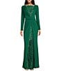 Color:Bamboo - Image 1 - Long Sleeve Boat Neck Sequin Lace Ruched Gown