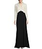 Color:Ivory/Black - Image 1 - Long Sleeve Lace Bodice Crepe Skirt Gown