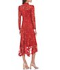 Color:Ruby Red - Image 2 - Long Sleeve Mock Neck Handkerchief Hem Lace Midi Dress