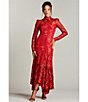 Color:Ruby Red - Image 5 - Long Sleeve Mock Neck Handkerchief Hem Lace Midi Dress