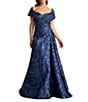 Tadashi Shoji Off-The-Shoulder Drape Front Floral Jacquard A-Line Gown, Color:Midnight - Image 1