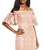 Color:Antique Pink - Image 3 - Off-the-Shoulder Short Flutter Sleeve Sequin Lace Scalloped Hem Gown