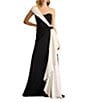 Tadashi Shoji One Shoulder Contrast Drape Front Crepe Sheath Gown, Color:Black/Ivory - Image 1