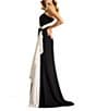 Tadashi Shoji One Shoulder Contrast Drape Front Crepe Sheath Gown, Color:Black/Ivory - Image 3