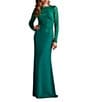 Tadashi Shoji Round Neck Illusion Long Sleeve Asymmetrical Leaf Embroidered Crepe Sheath Gown, Color:Emerald - Image 1
