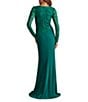 Tadashi Shoji Round Neck Illusion Long Sleeve Asymmetrical Leaf Embroidered Crepe Sheath Gown, Color:Emerald - Image 2