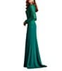 Tadashi Shoji Round Neck Illusion Long Sleeve Asymmetrical Leaf Embroidered Crepe Sheath Gown, Color:Emerald - Image 3