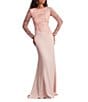 Tadashi Shoji Round Neck Illusion Long Sleeve Asymmetrical Leaf Embroidered Crepe Sheath Gown, Color:Blush - Image 1
