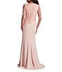 Tadashi Shoji Round Neck Illusion Long Sleeve Asymmetrical Leaf Embroidered Crepe Sheath Gown, Color:Blush - Image 2