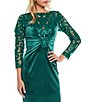 Color:Emerald - Image 3 - Sequined Lace Bodice Crepe Sheath Boat Neck Long Sleeve Dress