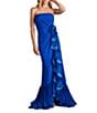 Tadashi Shoji Strapless Pleated Bodice Cascading Ruffle Crepe Sheath Gown, Color:Mystic Blue - Image 1