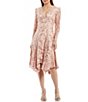 Color:Antique Pink - Image 1 - V-Neck Long Sleeve Lace Asymmetrical Hem Midi Dress