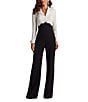 Tadashi Shoji V-Neck Long SLeeve Lace Bodice Crepe Tuxedo Jumpsuit, Color:Ivory/Black - Image 1
