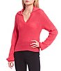 Color:Hot Pink - Image 1 - Cropped V-Neck Collared Sweater