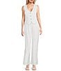 Takara Pleat-Front Wide-Leg Linen-Blend Coordinating Pants, Color:White - Image 3