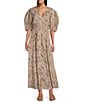 Talisman Halo Woven Printed V-Neck Button Front Smock Waist 3/4 Puff Sleeve A-Line Maxi Dress, Color:Vintage Lotus - Image 1