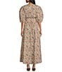Talisman Halo Woven Printed V-Neck Button Front Smock Waist 3/4 Puff Sleeve A-Line Maxi Dress, Color:Vintage Lotus - Image 2
