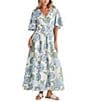 Talisman Ibiza Floral Print Linen Blend V-Neck Short Sleeve Maxi Dress, Color:Ibiza Blue - Image 1