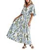 Talisman Ibiza Floral Print Linen Blend V-Neck Short Sleeve Maxi Dress, Color:Ibiza Blue - Image 3