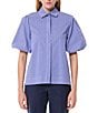 Tara Jarmon Caly Stripe Print Point Collar Short Puff Sleeve Rhinestone Top, Color:Indigo - Image 1
