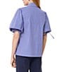 Tara Jarmon Caly Stripe Print Point Collar Short Puff Sleeve Rhinestone Top, Color:Indigo - Image 2