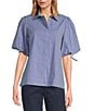 Tara Jarmon Caly Stripe Print Point Collar Short Puff Sleeve Rhinestone Top, Color:Indigo - Image 5