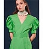 Color:Vert - Image 5 - Ranya Poplin Woven V-Neck Short Balloon Sleeves Belted Midi A-Line Dress