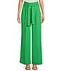 Color:Vert - Image 1 - Vert Woven Crepe Pyla Tie Waist Pleated Front Cuffed Wide Leg Pant