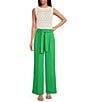 Color:Vert - Image 3 - Vert Woven Crepe Pyla Tie Waist Pleated Front Cuffed Wide Leg Pant