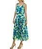 Color:Chartreuse - Image 4 - Floral Crepe Chiffon Jacquard Square Neck Sleeveless Midi Dress