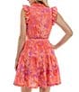 Color:Phlox Mandarin - Image 2 - Floral Print Bubble Crepe V-Neck Flutter Cap Sleeve Pleated Mini Dress