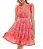 Color:Phlox Mandarin - Image 3 - Floral Print Bubble Crepe V-Neck Flutter Cap Sleeve Pleated Mini Dress
