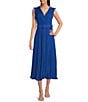 Color:New Blue - Image 1 - Pleated Surplice V Neckline Sleeveless Belted Midi Dress