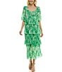 Color:Bonelime Green - Image 1 - Printed Chiffon Sweetheart Neckline 3/4 Sleeve Tiered Gown