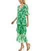 Color:Bonelime Green - Image 3 - Printed Chiffon Sweetheart Neckline 3/4 Sleeve Tiered Gown