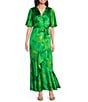 Taylor Printed Satin Crinkle Crepe Surplice V-Neck Short Flutter Self Tie Belt Faux Wrap Maxi Dress, Color:Sprint Green - Image 1