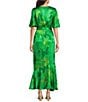 Taylor Printed Satin Crinkle Crepe Surplice V-Neck Short Flutter Self Tie Belt Faux Wrap Maxi Dress, Color:Sprint Green - Image 2