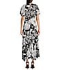 Color:Black Vinilla - Image 2 - Printed Stretch Matte Jersey Floral V-Neck Short Flutter Sleeve Ruched Bodice Dress