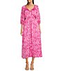 Color:Bubble Gum Pink - Image 1 - Printed V-Neck Long Sleeve Side Cut Out Midi Dress