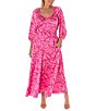 Color:Bubble Gum Pink - Image 5 - Printed V-Neck Long Sleeve Side Cut Out Midi Dress