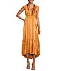 Color:Pumpkin - Image 1 - Satin Ruffled V Neckline Sleeveless Smocked Waist Maxi Dress