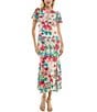 Color:Cream Tropical Breeze - Image 1 - Stretch Matte Jersey Floral Print Keyhole Neck Short Sleeve Maxi Dress